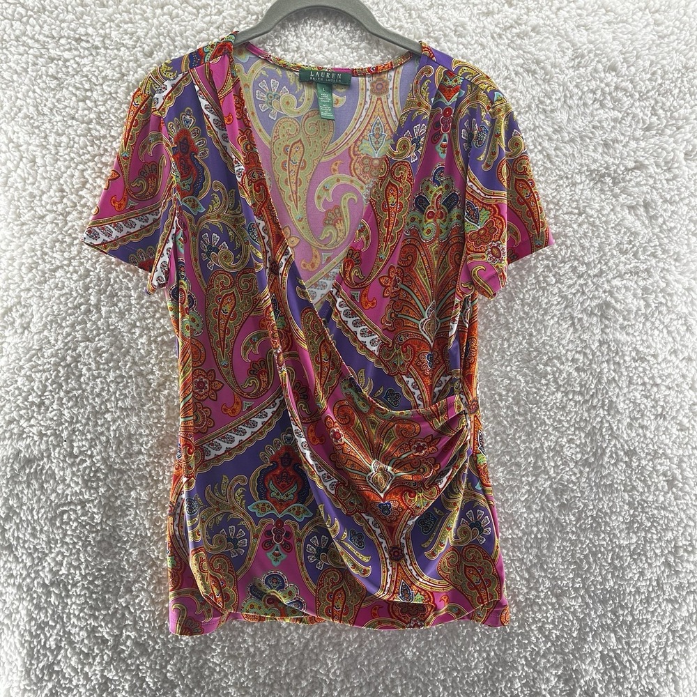 Lauren Ralph Lauren Women's Large Faux Wrap Blouse Top Stretch Paisley Colorful
